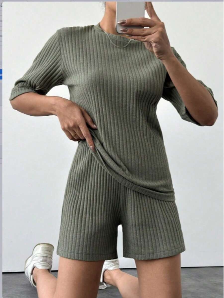 Women's Solid Color Round Neck Short Sleeve T-Shirt And Shorts Casual Set - Khaki - View 1