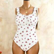 Swim Lushore Plus Size One-Piece Swimsuit With Cherry Print Pattern, Mature European And American Style - Negro - Ver 11