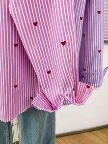 Blusa de mujer con cuello polo, estampado de corazones y rayas - Camisa casual de manga larga con botones, adecuada para uso diario en primavera, verano y otoño - Rayas rosas - Ver 10