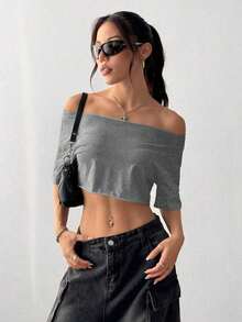 Top corto asimétrico de mujer con cuello blanco y flecos, camiseta de manga corta de moda versátil Y2K oversize y sexy, para primavera/verano - Gris - Ver 3