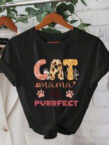 Solt Camiseta unisex, para mujer, con estampado de gato y mamá, con letras rosas y estampados de patas de gato, ligera, transpirable, manga corta, cuello redondo, informal, camiseta de uso diario, diseño divertido de gato con gatos atigrados y gatos de esmoquin, ajuste cómodo para amantes de los gatos, conjuntos de primavera y verano, ropa de mujer, blusas para mujer, tops para mujer, camisetas para mujer, ligera, tela transpirable, estilo bonito, atuendo de verano, moderno y genial, escolar y diario.gráfico - Negro - Ver 1