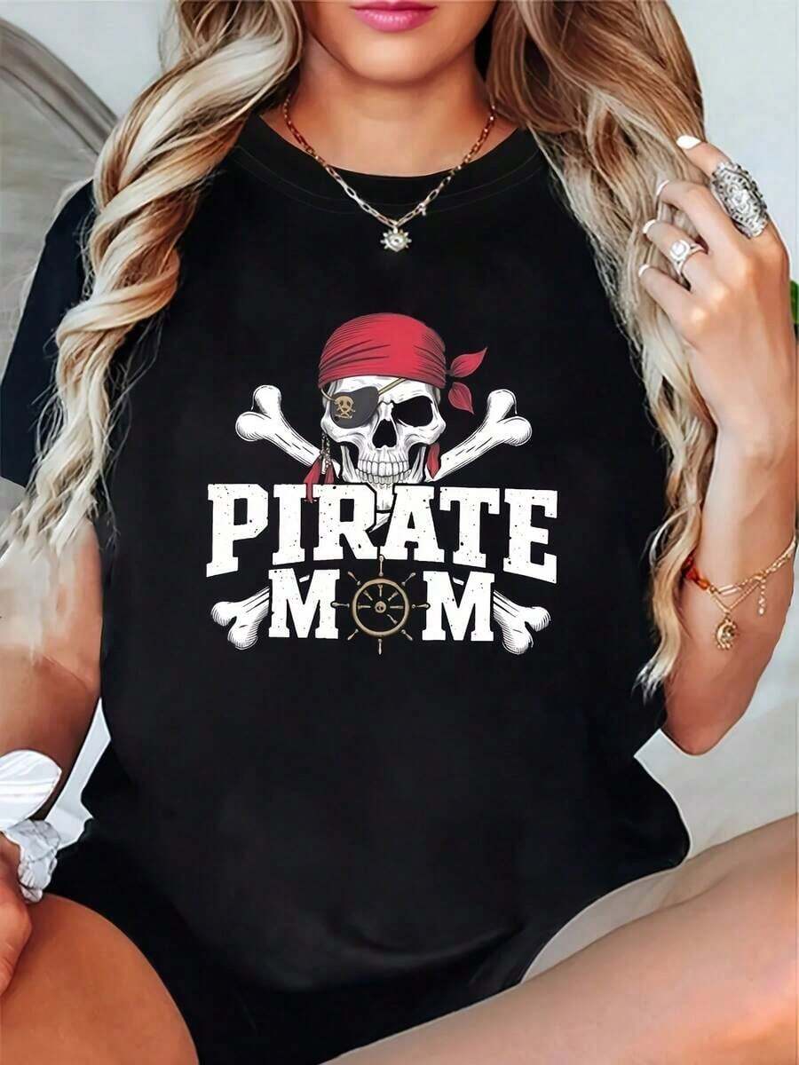 1 camiseta con estampado de calavera de mamá pirata, cuello redondo casual, tela de alta elasticidad, manga corta, perfecta para primavera/verano, regalo festivo, diseño de patrón audaz, 180g 100% algodón. - Negro - Ver 1