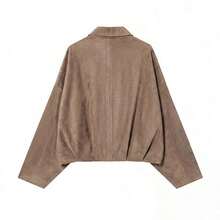 Chaqueta casual suelta de manga larga de ante sintético de un solo pecho para mujer, adecuada para usar en primavera. Chaqueta militar corta de mujer con botones de metal en los bolsillos, adecuada para usar en primavera y otoño. - Granada - Ver 6