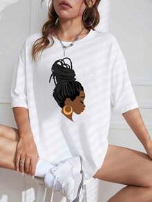 1 Piece Of Bun Hairstyle Print T-Shirt, Short Sleeve Crew Neck Tee For Women - Casual, Versatile And Fashionable For Everyday Wear. 180g 100% Cotton, Prints Are Fully Printed. Unisex. - 白色 - 查看 6