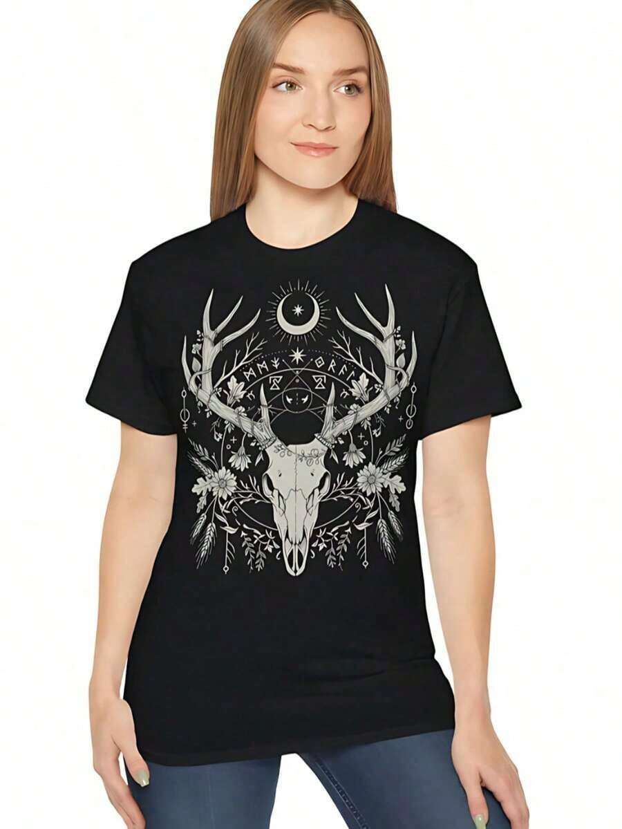 1 Women's Gothic Graphic T-Shirt With Skulls And Deer For Day Of The Dead, Soft And Breathable, Short Sleeve, Perfect For Everyday Wear, Outdoor Activities, Travel And Casual Style, With A Comfortable Fit All Day Long! 180g 100% Cotton, Designs Are Fully Printed. Unisex. - 黑色 2 - 查看 1