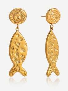 1 Pair Gold Spiral Fish Stainless Steel Earrings, Beach Style Fish Tail Pendant Earrings Suitable For Summer - Gold - View 4