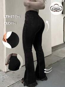 Quần jeans nữ màu đen cạp cao ống loe có tua rua, kiểu dáng gợi cảm, retro, đa năng, thích hợp cho hộp đêm. - màu đen - Xem 2