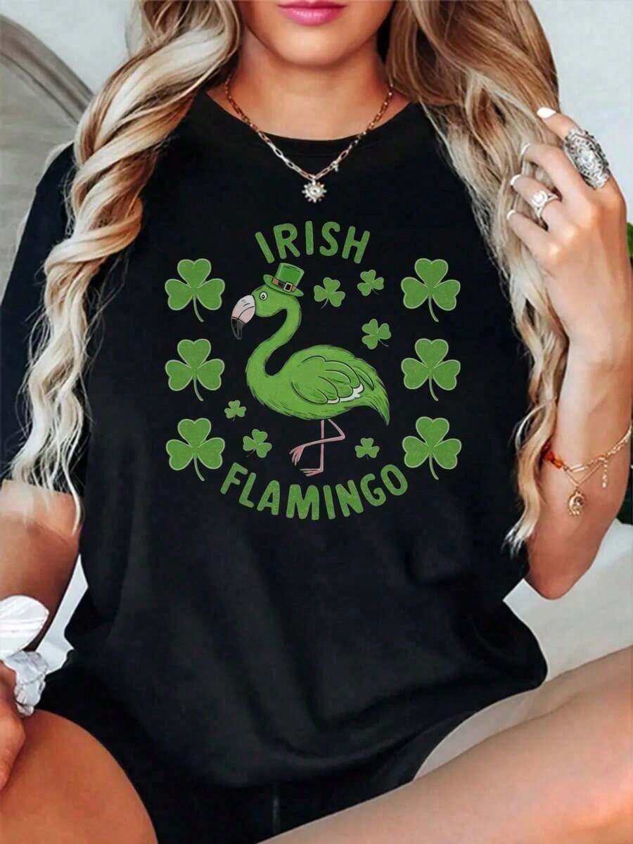 Algodón Camiseta Estampada De Flamencos Y Tréboles Para Mujer, De San Patricio, De Manga Corta, Informal, Con Cuello Redondo, Lavable, Negra Con Diseño Verde, Ropa Informal, Diseño De Temática Irlandesa, Material De Secado Rápido. -Vintage Street Style Unisex Loose Cotton Short Sleeve Crew Neck T-Shirtblusas para mujer, playeras de mujer,blusas casuales para dama, - Negro - Ver 1