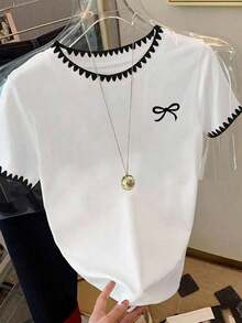 Camiseta casual de mujer de cuello redondo y manga corta con estampado de letras y rayas - Multicolor 8 - Ver 3
