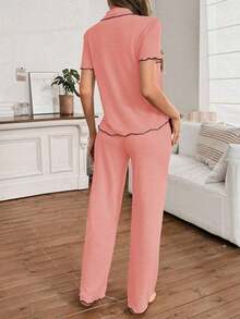 Mono de verano de punto ligero y suelto con volantes, de tela roja, de estilo casual y holgado para mujer - Rosa - Ver 2