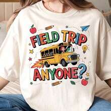 1 "Field Trip Anyone" T-Shirt, School Trip T-Shirt, "Teacher Magic School Bus" T-Shirt, Field Day T-Shirt, "Seatbelts Everyone" T-Shirt, "Frizzle" T-Shirt, Teacher T-Shirt, Oversized Graphic Tees For Women, 100% Cotton, Crew Neck, Short Sleeve, Casual Tops, 180g, 100% Cotton, All Designs Are Printed. Unisex. - 白色007 - 查看 2