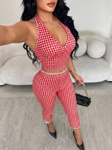 Bộ đồ nữ kẻ caro đỏ trắng gồm 2 món: Áo croptop hai dây + quần skinny, áo camisole cổ chữ V và quần ống rộng viền ren, trang phục thường ngày thanh lịch cho mùa hè. - Đỏ - Xem 2