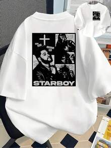 Double Floral Print, Front And Back Print, Short Sleeves, Starboy Print, Round Neck, Women's Casual Short-Sleeve T-Shirt - Comfortable Fit, Classic Design, Fashionable Item Y2k T-Shirt Shirt - 黑色 - 查看 1