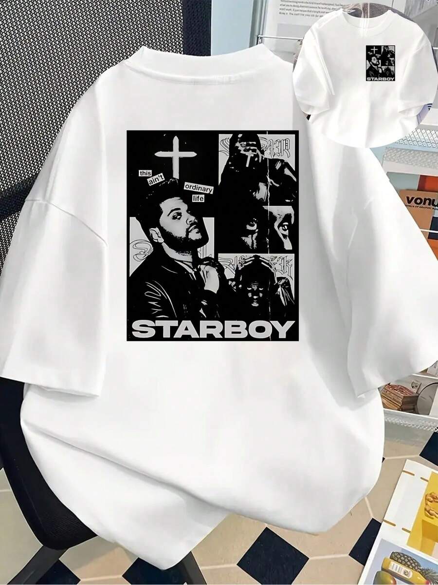 Double Floral Print, Front And Back Print, Short Sleeves, Starboy Print, Round Neck, Women's Casual Short-Sleeve T-Shirt - Comfortable Fit, Classic Design, Fashionable Item Y2k T-Shirt Shirt - 黑色 - 查看 1