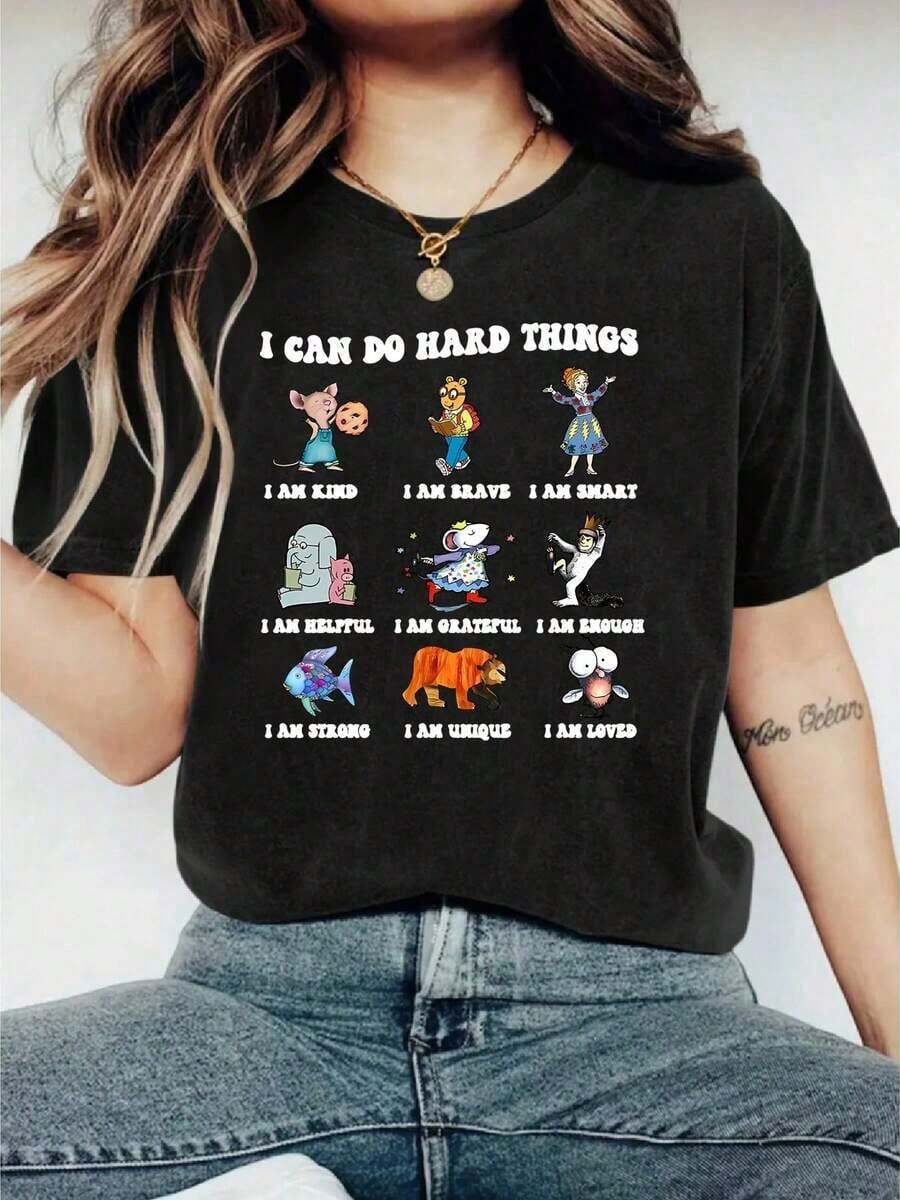 Top de verano estilo Y2K, camiseta suave 100% algodón puro, camiseta divertida y linda con estampado de la frase "I Can Do Hard Things": Camiseta de mujer con estampado de letras de dibujos animados de un libro infantil, adecuada para diversas ocasiones, como regalo para festivales, cumpleaños, festivales de música, casual y versátil, cómoda, para vacaciones en la playa, sencilla y a la moda, adecuada para el uso diario de mujeres y niñas. - Negro - Ver 1