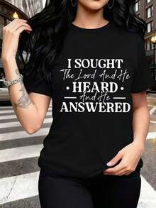Soft 100% Cotton T-Shirt. New Women's Short-Sleeved Crew Neck T-Shirt, Perfect For Spring And Summer, With A Stylish Letter Print. Beautiful And Graceful, Comfortable And Relaxed, Loose And Elegant. Breathable Cotton T-Shirt That Goes With Everything. - 黑色 - 查看 6