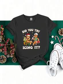 Soft 100% Cotton Women's T-Shirt With Gingerbread Man Print - Short-Sleeved Crew Neck T-Shirt With Gingerbread Man Design, Casual Wear, All-Season Top (Machine Washable). Breathable Cotton T-Shirt, Goes With Everything. - 黑色 - 查看 1