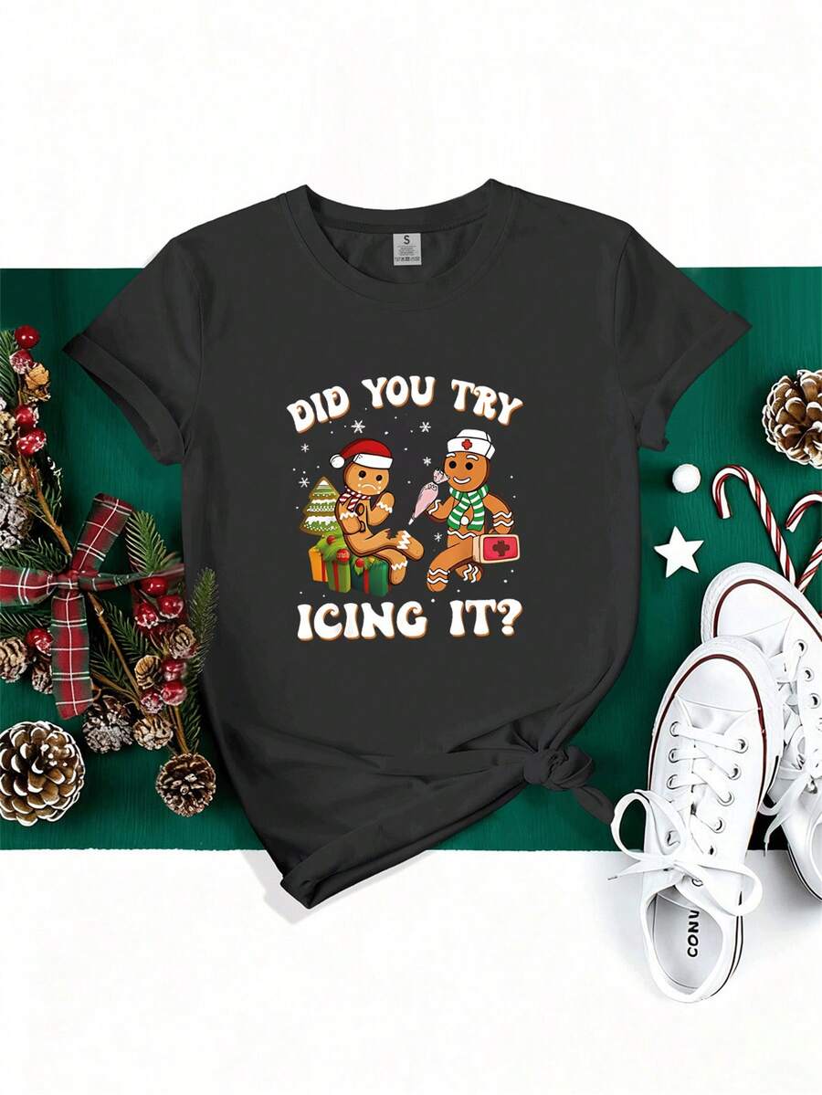 Soft 100% Cotton Women's T-Shirt With Gingerbread Man Print - Short-Sleeved Crew Neck T-Shirt With Gingerbread Man Design, Casual Wear, All-Season Top (Machine Washable). Breathable Cotton T-Shirt, Goes With Everything. - 黑色 - 查看 1