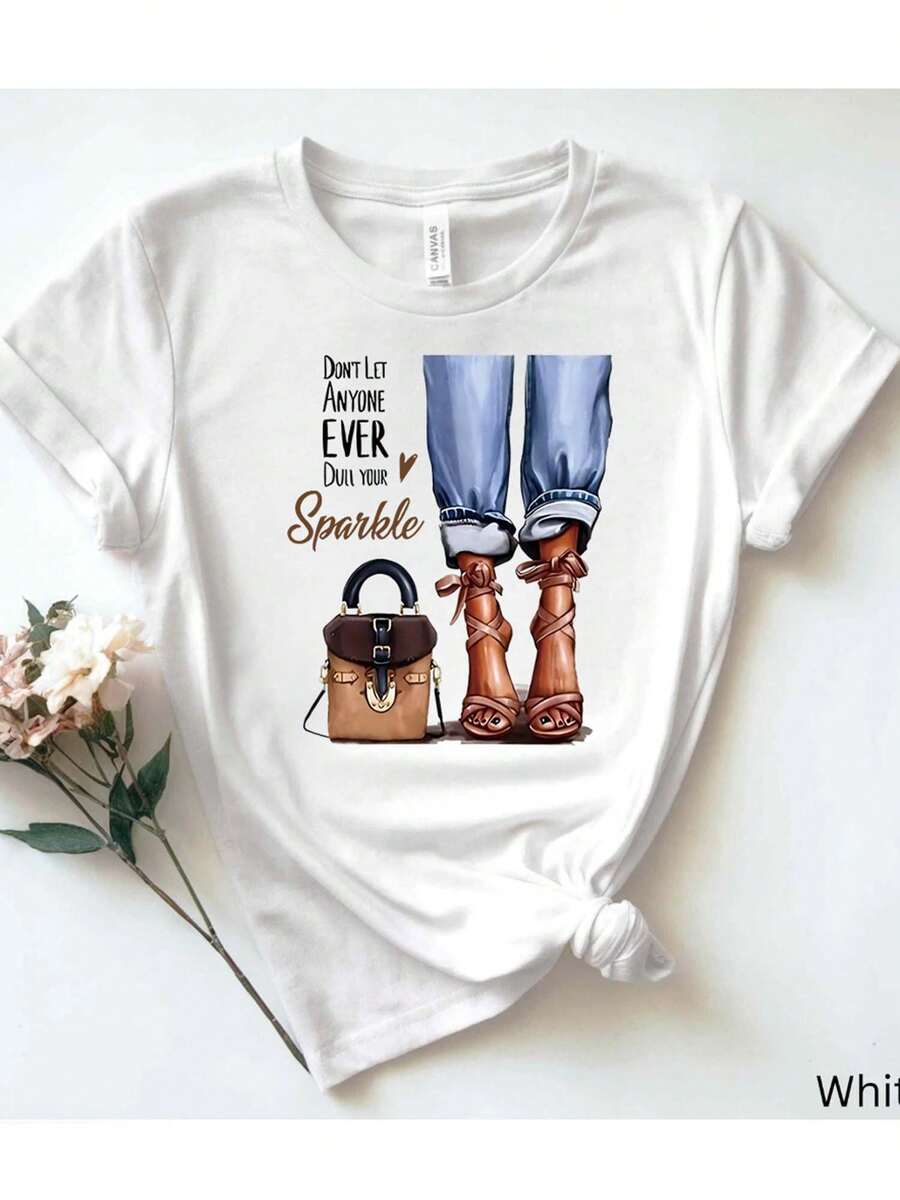 1 pieza「Camiseta blanca de algodón puro para mujer: Frases inspiradoras de moda en accesorios」180g 100% Algodón - blanco - Ver 1