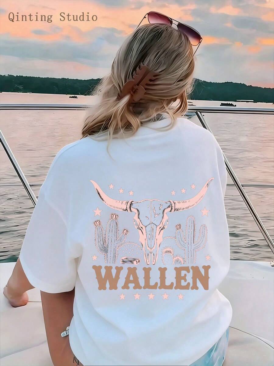 Women's Casual Crew Neck T-Shirt, 1 Piece, Ultra Soft And Breathable, With A Bohemian Design Featuring Cow Heads, Cacti And Other Patterns, Labeled "WALLEN", Perfect For Beach Surf Vacations And For Casual Spring/Summer Wear. - 白色 - 查看 1