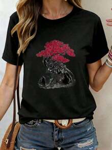 Camiseta suave y cómoda de estilo coreano, ropa casual de algodón grueso, camiseta negra de manga corta con diseño de árbol de cerezo y elefante, top casual de manga corta para mujer, camiseta gráfica de moda para uso diario, camiseta de manga corta estilo anime, adecuada para fiestas, deportes y otros regalos navideños. Camiseta retro de hombros caídos, estilo streetwear, 100% algodón, transpirable - Negro - Ver 1