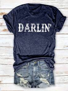 Camiseta de Cuello Redondo con Estampado de Letras Simple Estilo Europeo y Americano para Mujer, Marca Darlin - Blanco - Ver 8