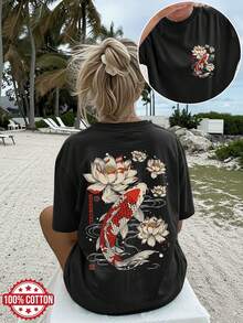100% Cotton Women'S T-Shirt 2026 - Women's Fashion Top With Double-Sided Print, Summer Clothing, Chinese Style, Koi Fish And For Lotus Flower Print - Summer Outfits For Women -  Summer Tops - màu đen - Xem 7