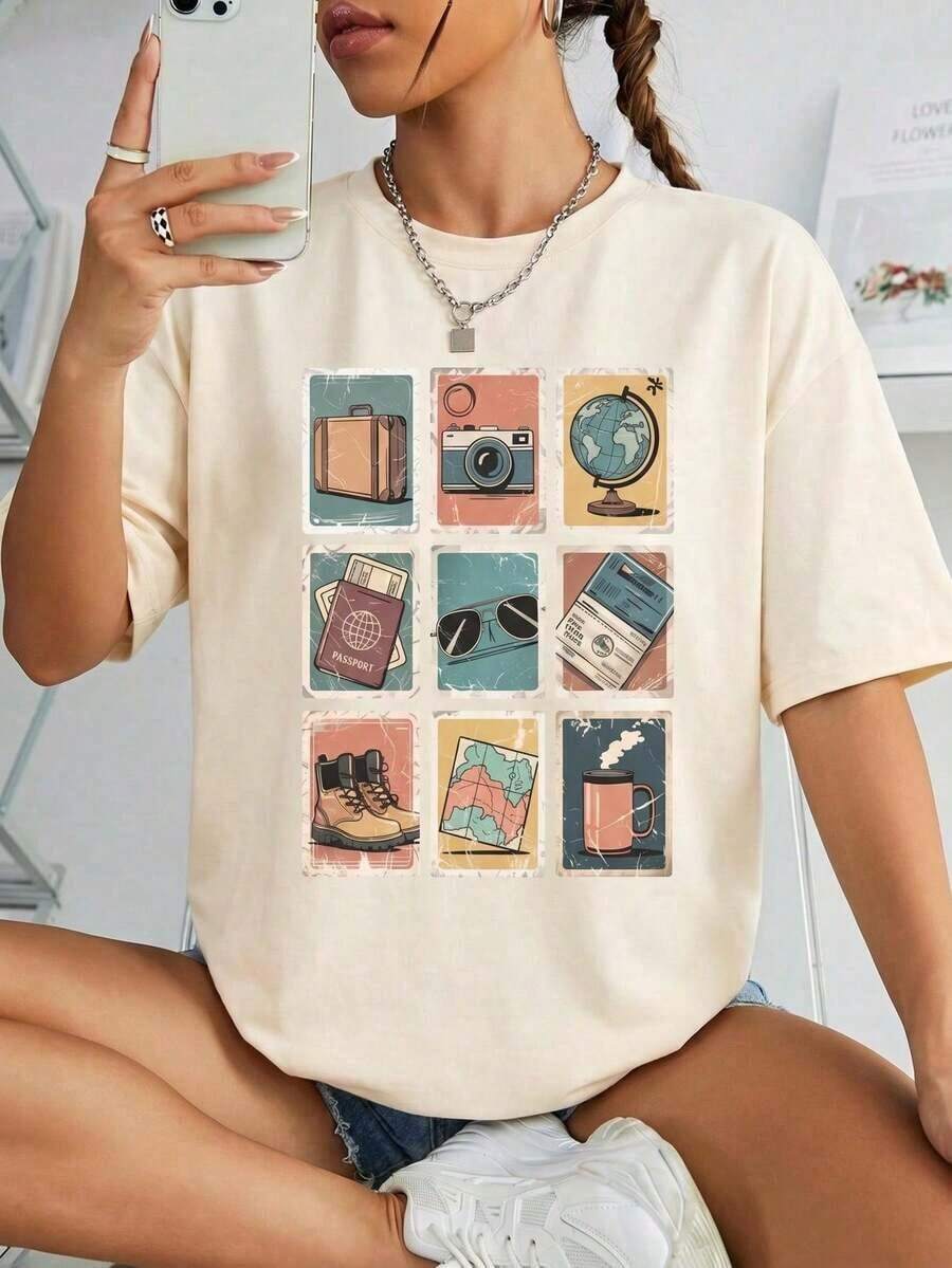 Nueva camiseta de manga corta con cuello redondo para mujeres, diseño estival, con un sencillo y moderno estampado de letras, transpirable y absorbe la sudoración. Envío exprés desde almacén local, modelo para parejas, ropa de pareja - Caqui - Ver 1