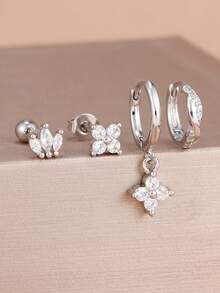 4件/組新款小水晶彎曲耳環女款，耳軟骨與耳垂花朵耳釘飾品 - 1-Silver-4PCS - 查看 2