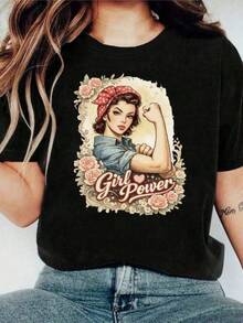 Y2K Women's Printed T-Shirt, Empowering Women, Rosie The Riveter Print, Soft Casual Top, Suitable For Casual Outfits, Weekend Wear, Bold Print Design, Breathable Fabric, Must-Have For Fashion Lovers, Women's Blouses, Tops, Women's Shirts, Tops. - 黑色 - 查看 6