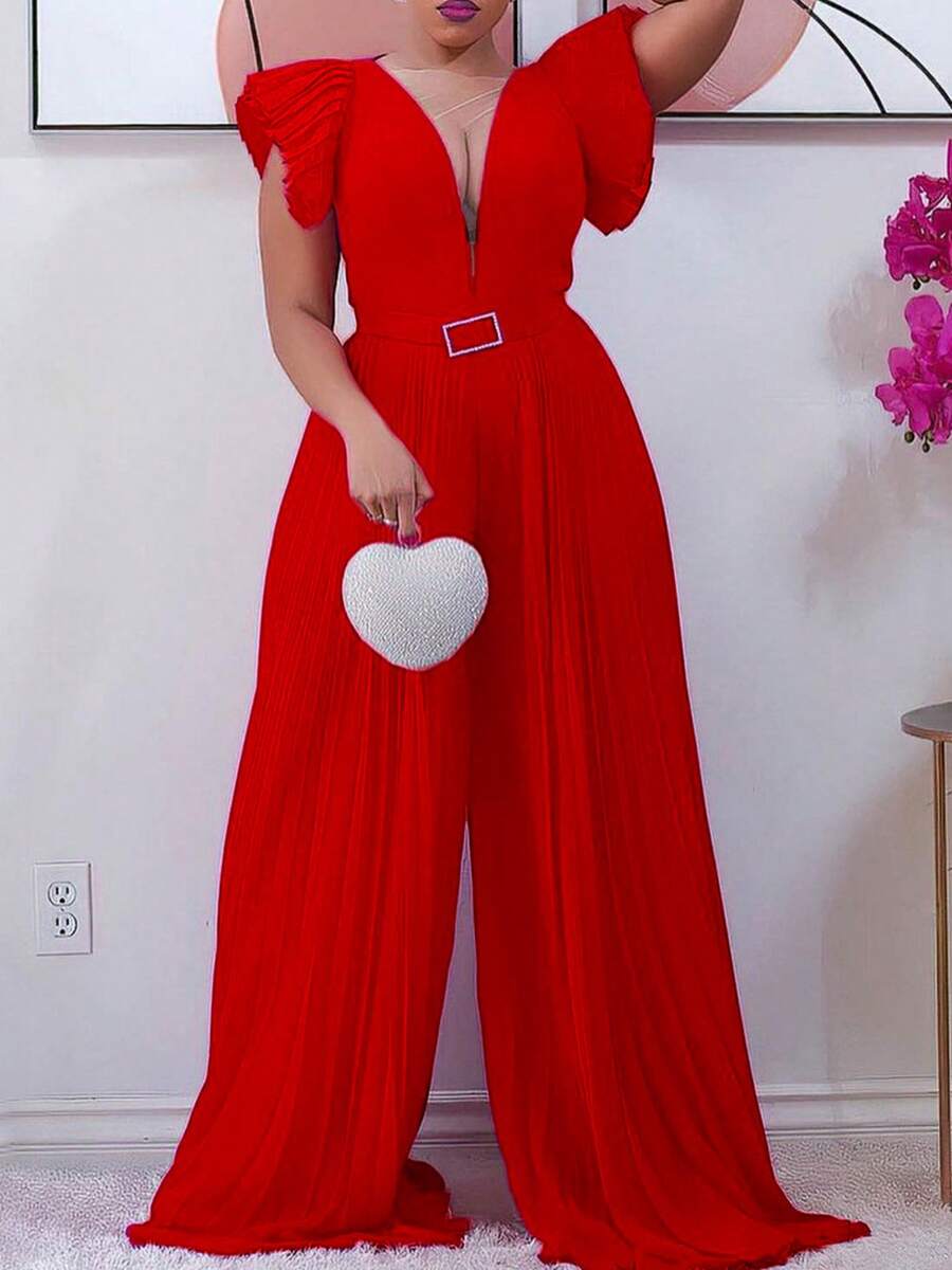 Mono veraniego para mujer de cuello en V profundo, malla transparente combinada, cintura con pliegues, color liso y pierna ancha - Rojo + Cinturón - Ver 1