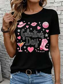 Las camisetas de manga corta para mujer en blanco y negro son adecuadas para el ocio diario, el hogar y los viajes al aire libre. Camiseta para el Día de la Galantina para mujer con diseño de corazones rosados, botas de cóctel y sombrero, ideal como regalo para la fiesta de la Galantina o para fiestas de vacaciones. - Negro - Ver 7