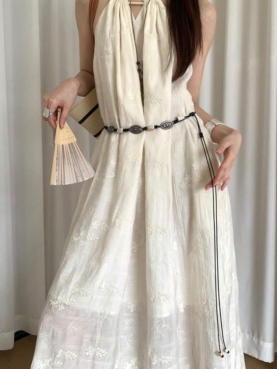 1 chiếc thắt lưng buộc eo kiểu Bohemian màu đen bằng polyester, đính hạt và bện, dành cho nữ. - màu đen - Xem 1