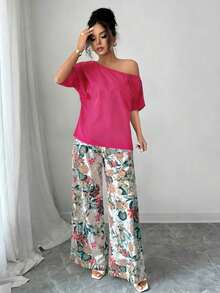 2 piezas Conjunto de top asimétrico de cuello sólido y pantalones con estampado tropical, estilo casual de vacaciones - Rosa Fucsia - Ver 5