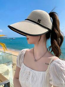 1pc Women's Solid Color Knitted Wide Brim Sun Hat, Breathable Mesh Top, Suitable For Hiking, Travel, Outdoor Activities, Spring/Summer Beach Vacation Design - Multicolor - View 1