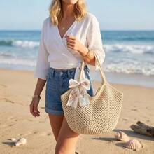 2/1pc Women Crochet (Tote Bag + Ribbon) 2pcs Set, Large Capacity Hollow Woven Shopping Tote Bag, Fixed Shoulder Strap, No Lining, Suitable For Travel & Daily Use - Multicolor - View 8