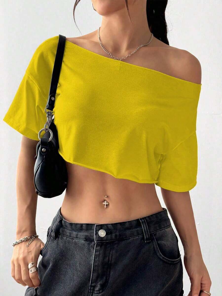 Top corto asimétrico de mujer con cuello blanco y flecos, camiseta de manga corta de moda versátil Y2K oversize y sexy, para primavera/verano - Amarillo claro - Ver 1