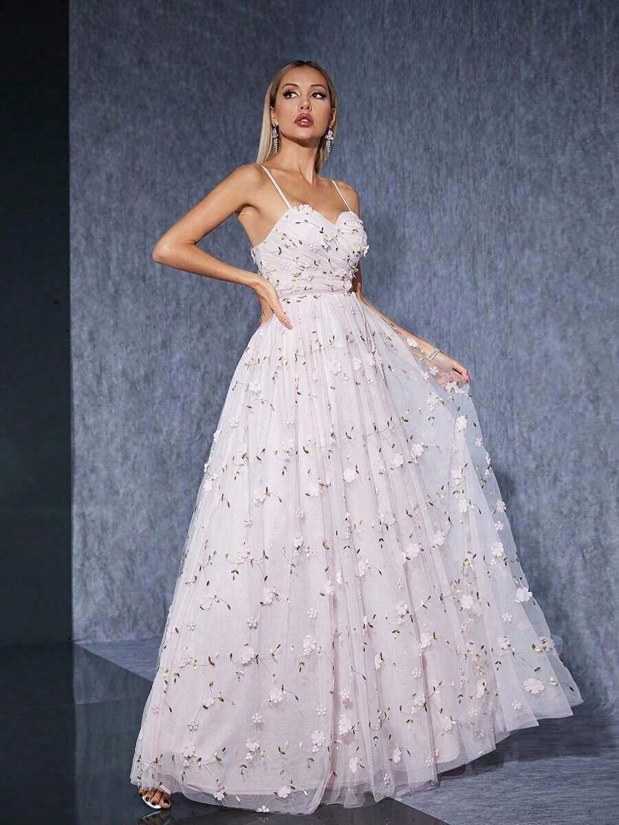 Vestido largo de tul con escote corazón y tirantes finos, con flores 3D en color rosa, elegante vestido de mujer para bodas, bailes de graduación, fiestas y festivales - Rosa - Ver 1