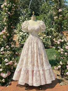 MOD Vestido largo de encaje blanco con volantes estilo victoriano vintage, vestido de fiesta, vestido de graduación, con exquisita mano de obra - Amarillo claro - Ver 7