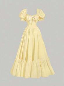 MOD Vestido largo de encaje blanco con volantes estilo victoriano vintage, vestido de fiesta, vestido de graduación, con exquisita mano de obra - amarillo ganso - Ver 3