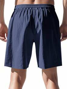 Premium Linen Blend Casual Shorts For Men - Classic Minimalist Drawstring Summer Shorts, High-End Resort Style - Navy Blue - View 3