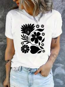 Camisetas estampadas, camiseta de mujer casual, para vacaciones, de manga corta y cuello redondo, para primavera y verano, lavable a máquina, ropa de mujer nueva, versátil para la calle, camiseta de mujer de manga corta y cuello redondo con estampado divertido, adecuada para: eventos deportivos/fiestas festivas/senderismo/ejercicio y otros regalos navideños (220g). tops de algodón para el verano - Blanco - Ver 4