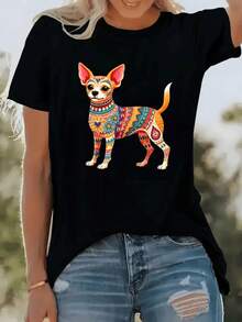 Women's Cotton T-Shirt With Colorful Chihuahua Print, Casual, Short Sleeve, Round Neck, With Adorable Pet Graphics For Everyday Wear, Soft And Comfortable, Summer Basic. - 黑色 - 查看 10