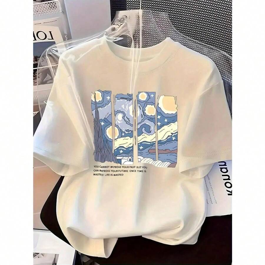 Camiseta gráfica de estrella de Van Gogh para mujer, color rojo, manga corta, cuello redondo, informal y versátil para primaveraverano, ajuste cómodo, camiseta de uso diario Diseño de estrella de noche Camisa suave - Blanco - Ver 1