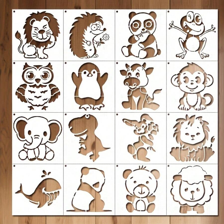 16款动物主题绘画模板 - 可重复使用,适用于画布、木板、地板和墙面艺术,是家居装饰、工艺品制作和模板制作的理想之选 | 趣味设计 | 耐用PET材质,绘画用品 - 動物主題繪畫模板 - 查看 1
