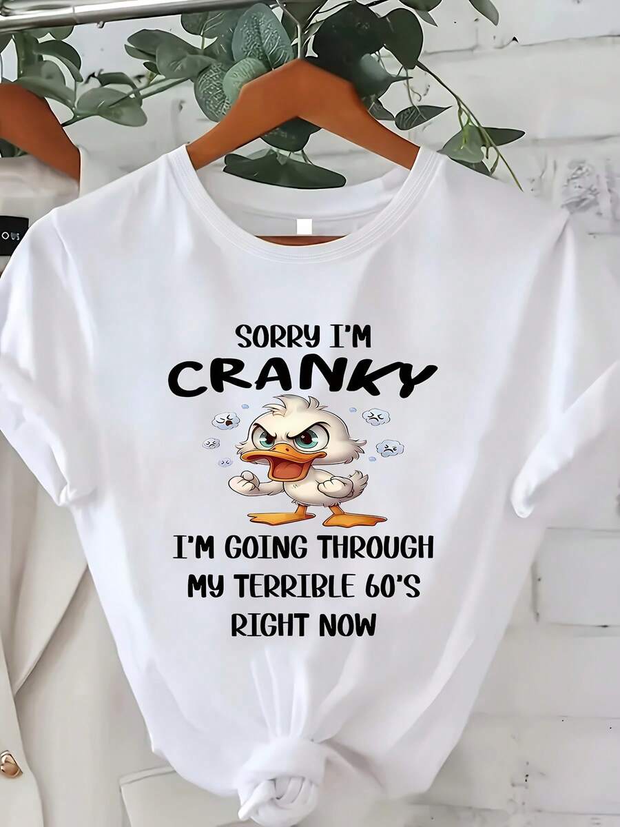 Camiseta de algodón de manga corta para mujer - Camiseta casual de manga corta para mujer con divertido estampado "Lo siento, estoy de mal humor, estoy pasando por mis terribles años 60" y diseño de pato de dibujos animados, camiseta de cuello redondo de ajuste relajado en gris claro para atuendo casual, camisetas para damas, ropa con humor, tela duradera. - Blanco - Ver 1