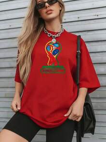 Women's Fun Printed Cotton T-Shirt Haiti World Cup 2026 Soccer Trophy Design Football Fanwear Casual Street Style S To 2XL Light And Not Stuffy Suitable For All Seasons Suitable For Daily Leisure Street Wear And Other Scenes.  250th Anniversary Vacation T-Shirt,Summer Outfits For Women,Spring Clothes,Conjunto De Mujeres Elegantes,Camisetas - Đỏ - Xem 1