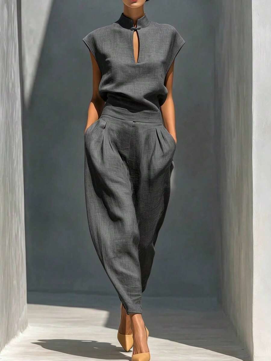 Ocio independiente, moda y elegancia, cuello, imitación de tela de cáñamo, adelgazamiento de dos piezas - Gris - Ver 1