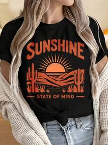 ropa de mujer Camisetas para mujer y hombre con cuello redondo y mangas cortas. Camiseta con estampado gráfico de cactus y atardecer en el desierto, estilo Sunshine State Of Mind. Camiseta casual de verano para mujer. Los estampados divertidos son adecuados para fiestas de Navidad, actividades deportivas, fiestas de vacaciones, salidas, deportes y otros regalos navideños. camisas de mujer - Negro - Ver 4