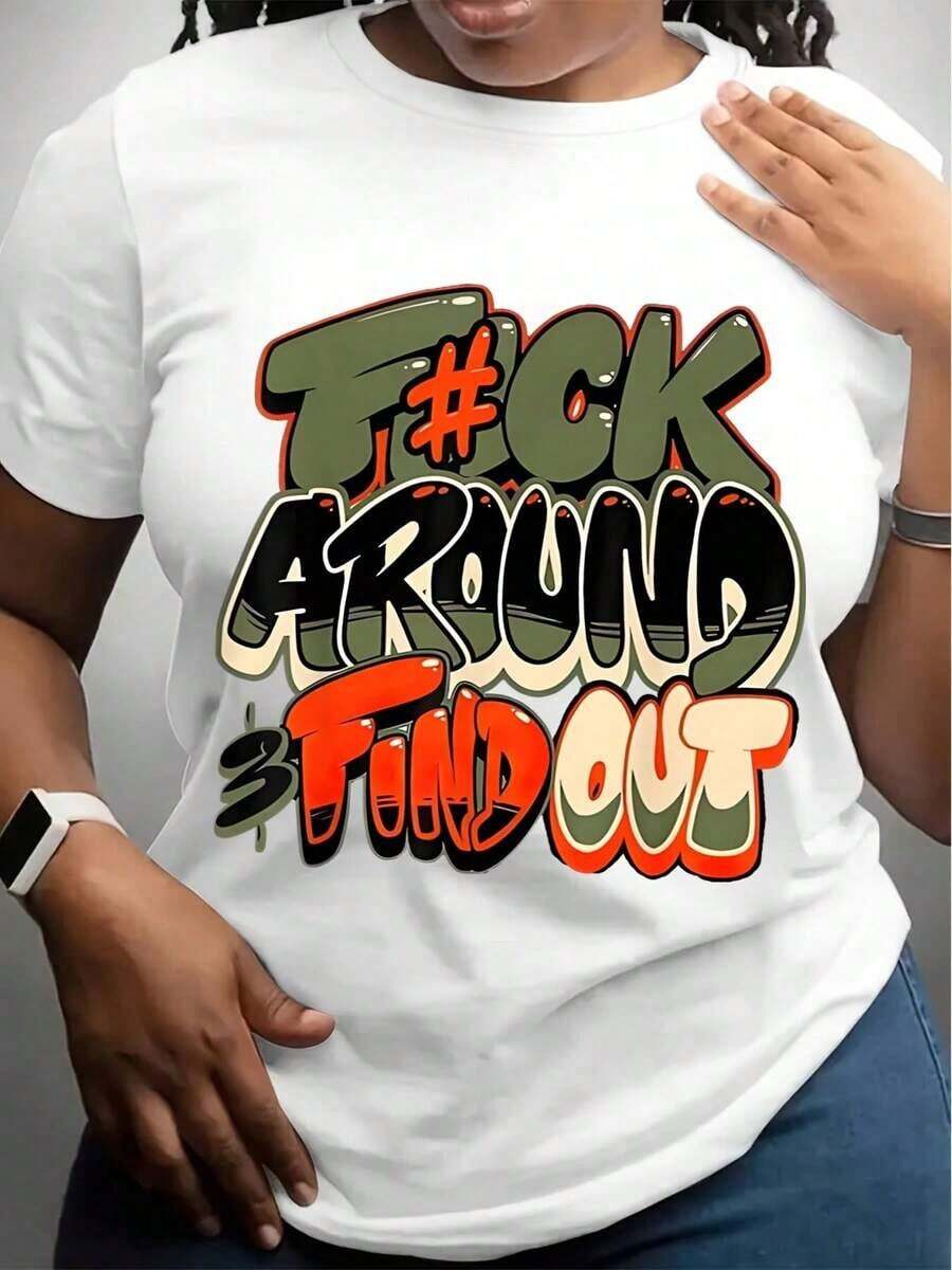 1 pieza Camiseta de cuello redondo para mujer, blanca, talla F # Camiseta con estampado gráfico "Ck Around & Find Out" para uso casual, 180g, 100% algodón, los diseños están completamente impresos. Unisexo. - Blanco - Ver 1
